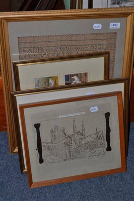 Lot 497 - Gilt framed sampler worked by Mary Basford, dated 1839, an unfinished embroidery of Chester...