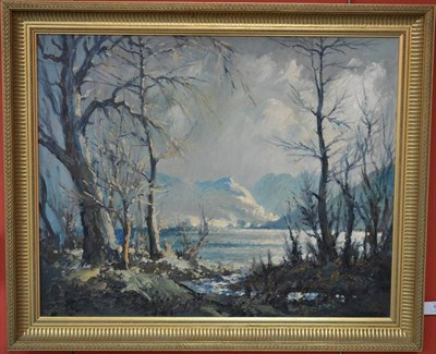 Lot 674 - Robert Leslie Howey (1900-1981) Lakeland landscape with mountains Signed, oil on board, 51cm by...