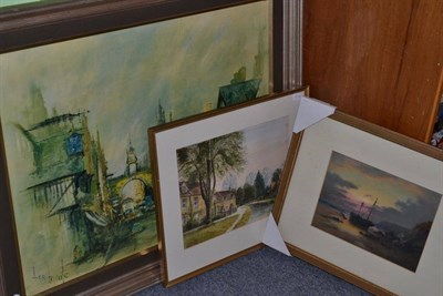 Lot 506 - A framed oil, fishing boat on the beach, indistinctly signed; a modern framed watercolour of...