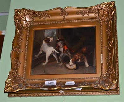 Lot 508 - Gilt framed oil on board of two dogs and a dressed monkey fighting