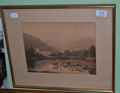 Lot 510 - Circle of John Glover, cattle watering in a mountain landscape with a church, watercolour