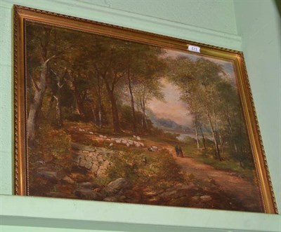 Lot 513 - Late 19th century oil on board, sheep and figures in a landscape