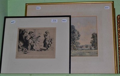 Lot 518 - William Strang ";The Tinkers";, etching, together with a landscape watercolour by George Graham and