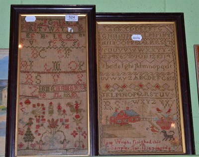 Lot 524 - Framed sampler worked by Jane Wright dated 1830 and a 19th century alphabet sampler (2)