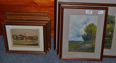 Lot 536 - Four framed oil landscapes, signed A.J Barnesby and six framed hunting prints, later hand...