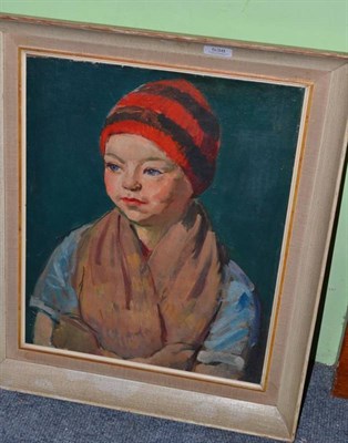 Lot 538 - Philip Naviasky (1894-1983) Portrait of a young child wearing a red striped hat, signed and...