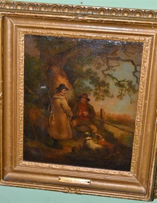 Lot 539 - After G Morland, Two gentlemen seated by a river with terriers, oil on canvas