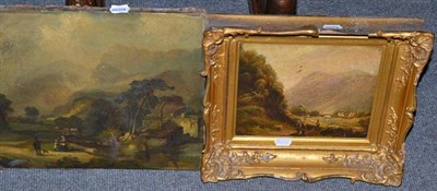 Lot 543 - Gilt framed 19th century oil, figures on a path, inscribed to reverse by Sam Bough and unframed oil