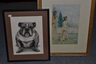 Lot 544 - Gilt framed watercolour, an Edwardian lady in a garden, signed Tolti; and a drawing in pen of a...