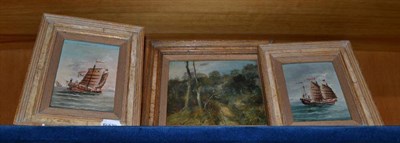 Lot 546 - Oil sketch of woodland attributed to Wimperis and a pair of small oils of Chinese junks