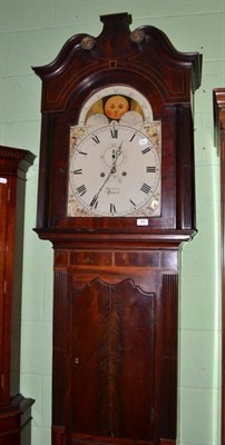 Lot 566 - A late Victorian mahogany inlaid eight-day longcase clock with painted arch dial, William Green...