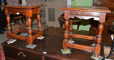 Lot 587 - Two similar carved oak joint stools