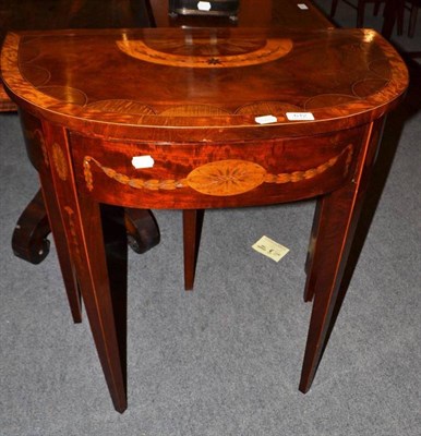 Lot 612 - A George III style mahogany, satinwood banded and floral marquetry demi-lune side table, with...