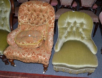 Lot 637 - A 19th century walnut framed button back armchair in cut velvet upholstery with matching...