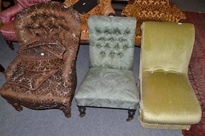 Lot 640 - Two 19th century nursing chairs and a walnut framed button back armchair in brown brocade with...