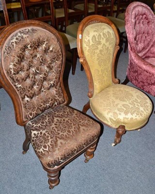 Lot 643 - A 19th century walnut framed nursing chair upholstered in brown brocade with button back and...