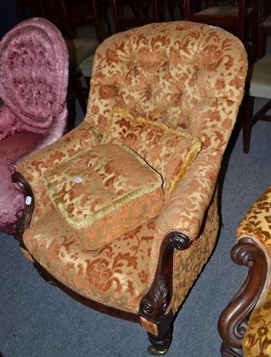 Lot 645 - A 19th century button back armchair with cut velvet upholstery and matching footstool