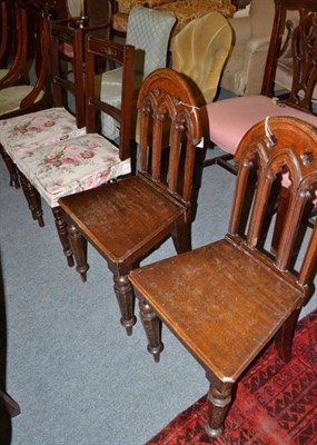 Lot 651 - A pair of Victorian carved oak hall chairs, pair of mahogany dining chairs and four mahogany inlaid