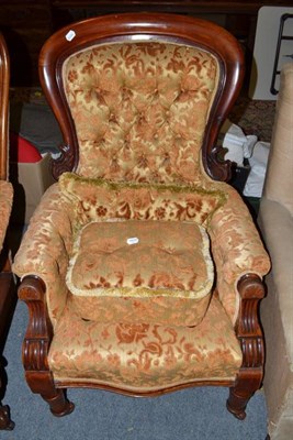 Lot 657 - A 19th century mahogany framed armchair upholstered in cut velvet with button back and matching...