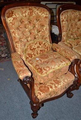 Lot 658 - A 19th century carved mahogany framed open armchair upholstered in cut velvet with button back...