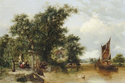 Lot 690 - Henry John Boddington (1811-1865) Summer river landscape with a mother and children on a...