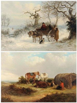 Lot 691 - Thomas Smythe (1825-1906) Winter landscape with a donkey cart, figures and a dog Summer...