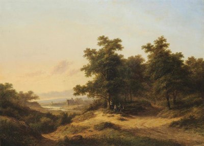 Lot 696 - Jan Evert Morel (1835-1905) An extensive Dutch landscape with figures  Signed, oil on canvas,...