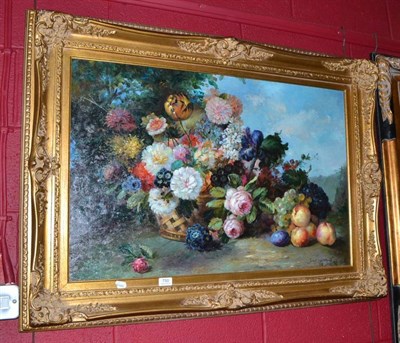 Lot 750 - John Henry (20th/21st century) still life of summer flowers and fruit, signed, oil on canvas