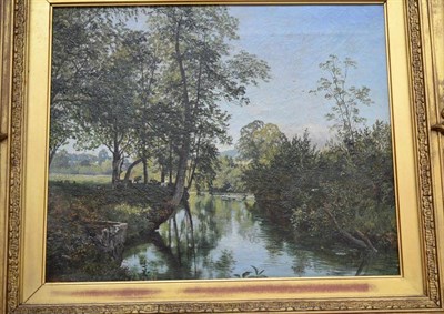 Lot 699 - Charles Collins RBA (1851-1921) Summer river landscape with cattle and sheep in a meadow...