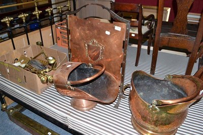 Lot 768 - Two copper coal buckets, an Arts & Crafts fire curb, a spark guard and a quantity of fireside...