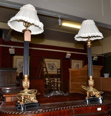 Lot 771 - Pair of modern gilt metal mounted table lamps with cotton pleated shades