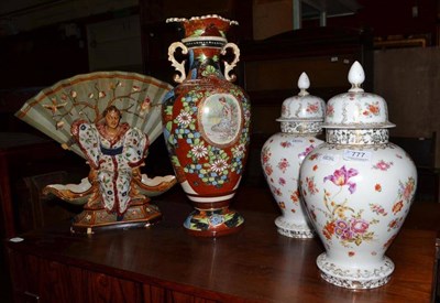 Lot 777 - Pair of Victorian vases and covers, late Victorian 'Japonesque' figural fan shaped vase and a...