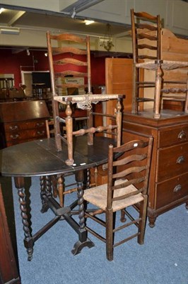 Lot 784 - Drop leaf table, four ladder back chairs and an Edwardian display cabinet with marquetry top