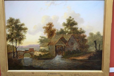 Lot 702 - Charles Morris (19th century) Watermill with figures and a horse and cart on a stone bridge...