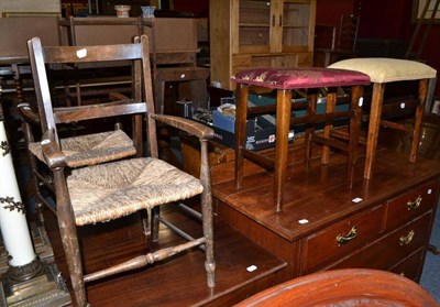 Lot 791 - Two child's rush seated country chairs and two similar stools with upholstered tops