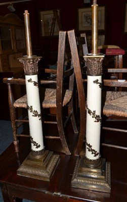 Lot 792 - Pair of brass mounted column table lamps with ivy leaf garland