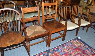 Lot 804 - Yew and elm Windsor chair, two country chairs, pair of dining chairs and cane seated chair (7)