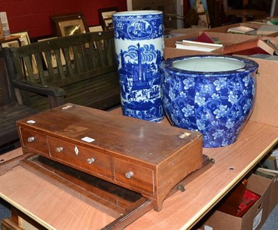 Lot 819 - A reproduction blue and white jardiniere and stick stand and a 19th century toilet mirror (a.f.)