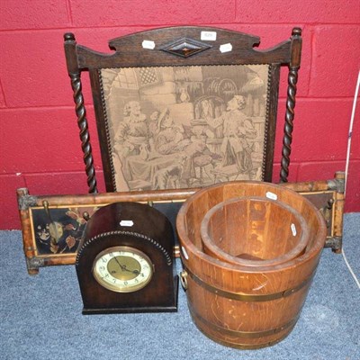 Lot 829 - Oak fire screen, bamboo hat rack, oak mantel clock, two planters and Mrs Beeton cookery book