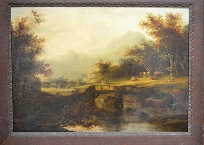 Lot 707 - Norwich School (19th century) River landscape with cattle beside a footbridge, mountains beyond Oil