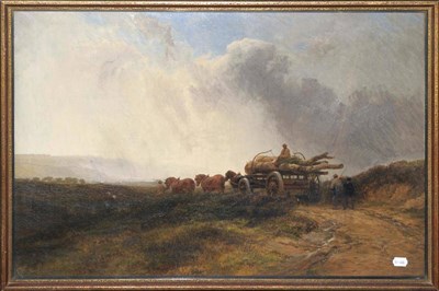 Lot 708 - George Cole (1810-1883)  A team of horses and figures hauling timber on a cart in an open landscape