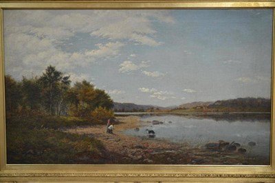 Lot 709 - George Shalders (1826-1873) Figures and a dog at a river's edge Oil on canvas, 51cm by 87cm