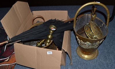 Lot 859 - Quantity of brass and copper and two parasols