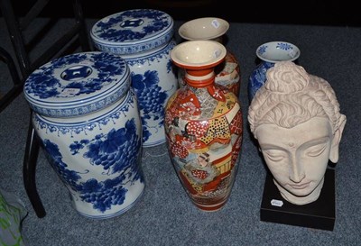 Lot 865 - Two modern Chinese blue and white garden seats, blue and white vase, two Satsuma vases and a modern