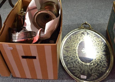 Lot 867 - Silver plate tea service, tray and tea pot, a quantity of copper and brass and three oil lamps