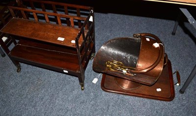 Lot 879 - Two wall mirrors, a hinged box, converted Canterbury, copper coal hod, tray and pair of brass tongs