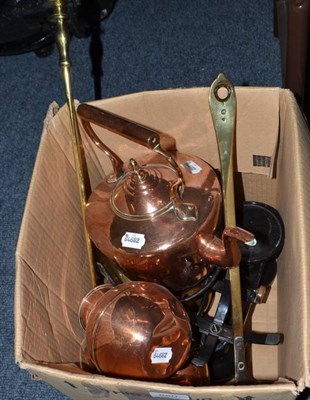 Lot 880 - A brass preserve pan, a brass ladle, scales with weights, a small Victorian copper kettle and...