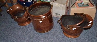 Lot 883 - A copper log bin, two copper coal scuttles and shovel (4)