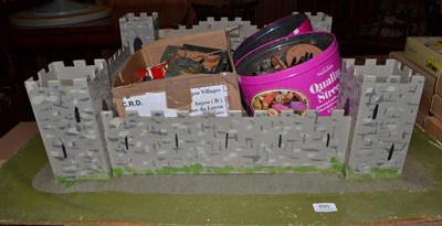 Lot 890 - Box of playworn Diecast together with a wooden fort and loose plastic soldiers