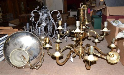 Lot 893 - Brass multi branch chandelier and two modern glass mounted chandeliers (3)